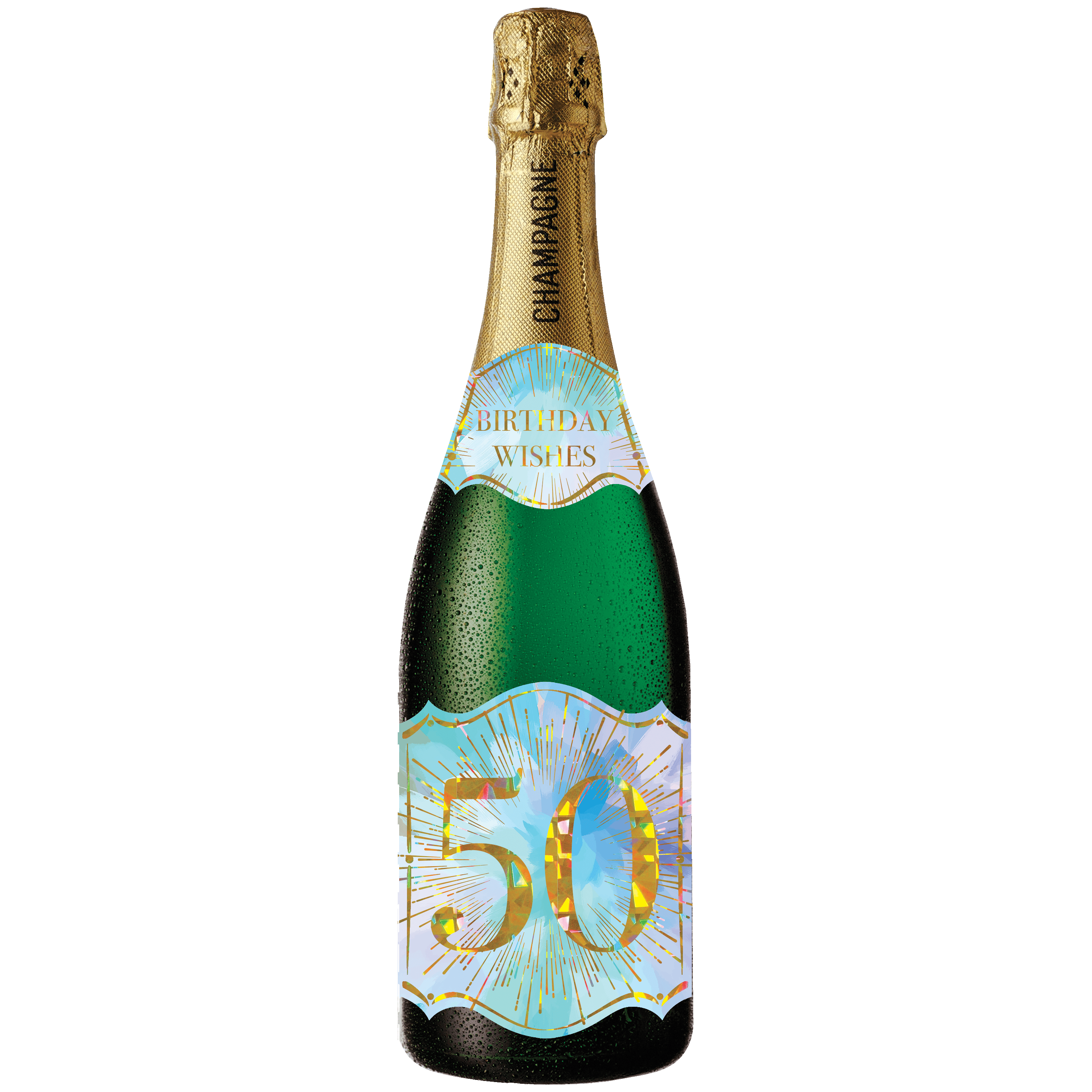 Pictura 50th birthday champagne sound card with festive design and celebratory champagne bottle illustration.